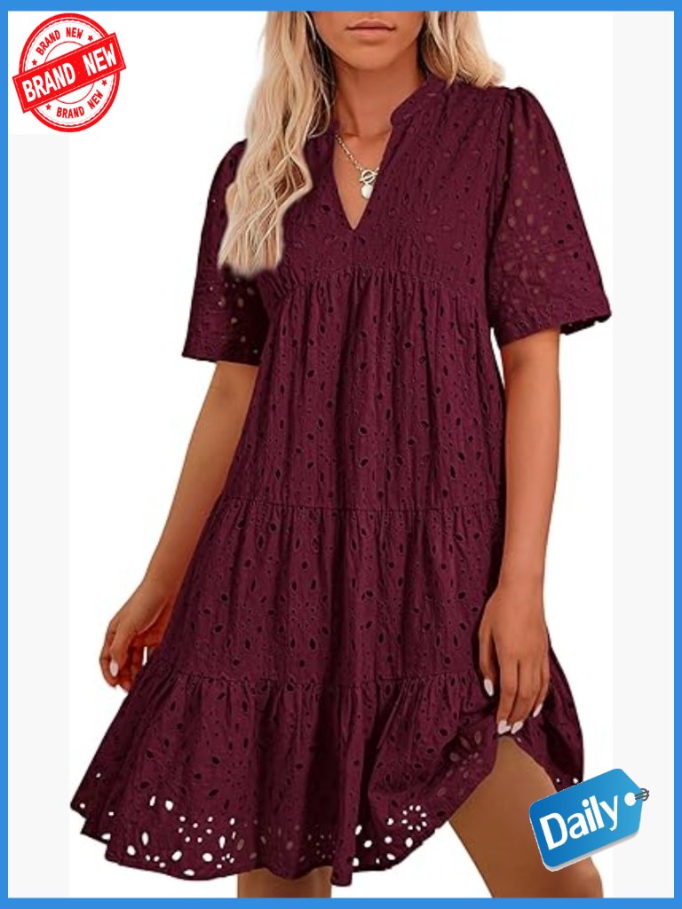 Boho V-Neck Mini Dress With Lace Ruffle Short Sleeve Casual Beach Summer